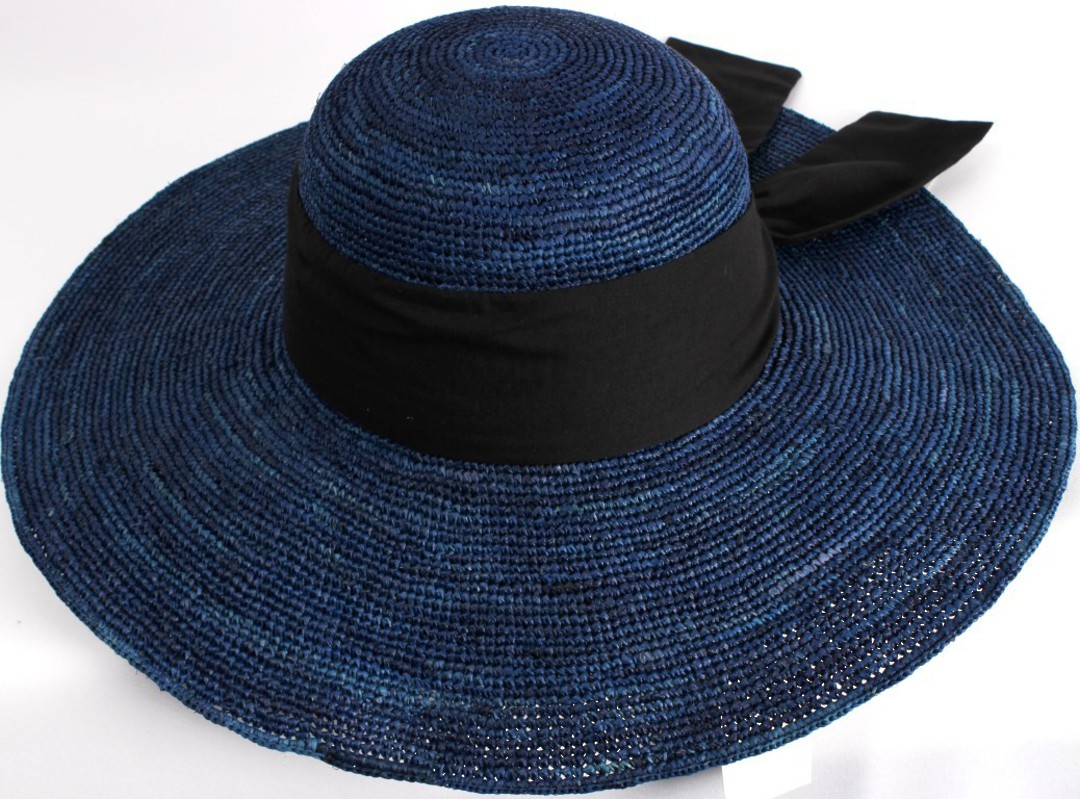 HEAD START classic wide brim  raffia sunhat w wide black band and bow  Style: HS/1424/BLUE image 0